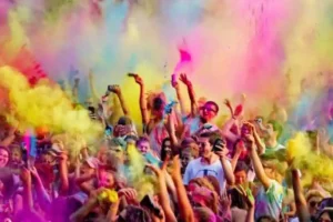 Large community celebration with colorful crowd and festive atmosphere organised by community event planners in Bangalore