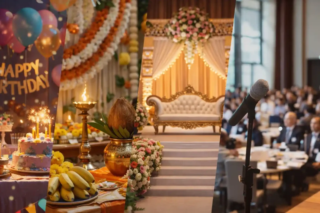 Professional event organisers in Bangalore showcasing birthday party setup, housewarming ceremony decoration, wedding stage, corporate event and catering buffet.