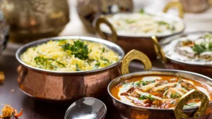 Professional vegetarian catering buffet setup for events in Bangalore with chafing dishes and banquet arrangement