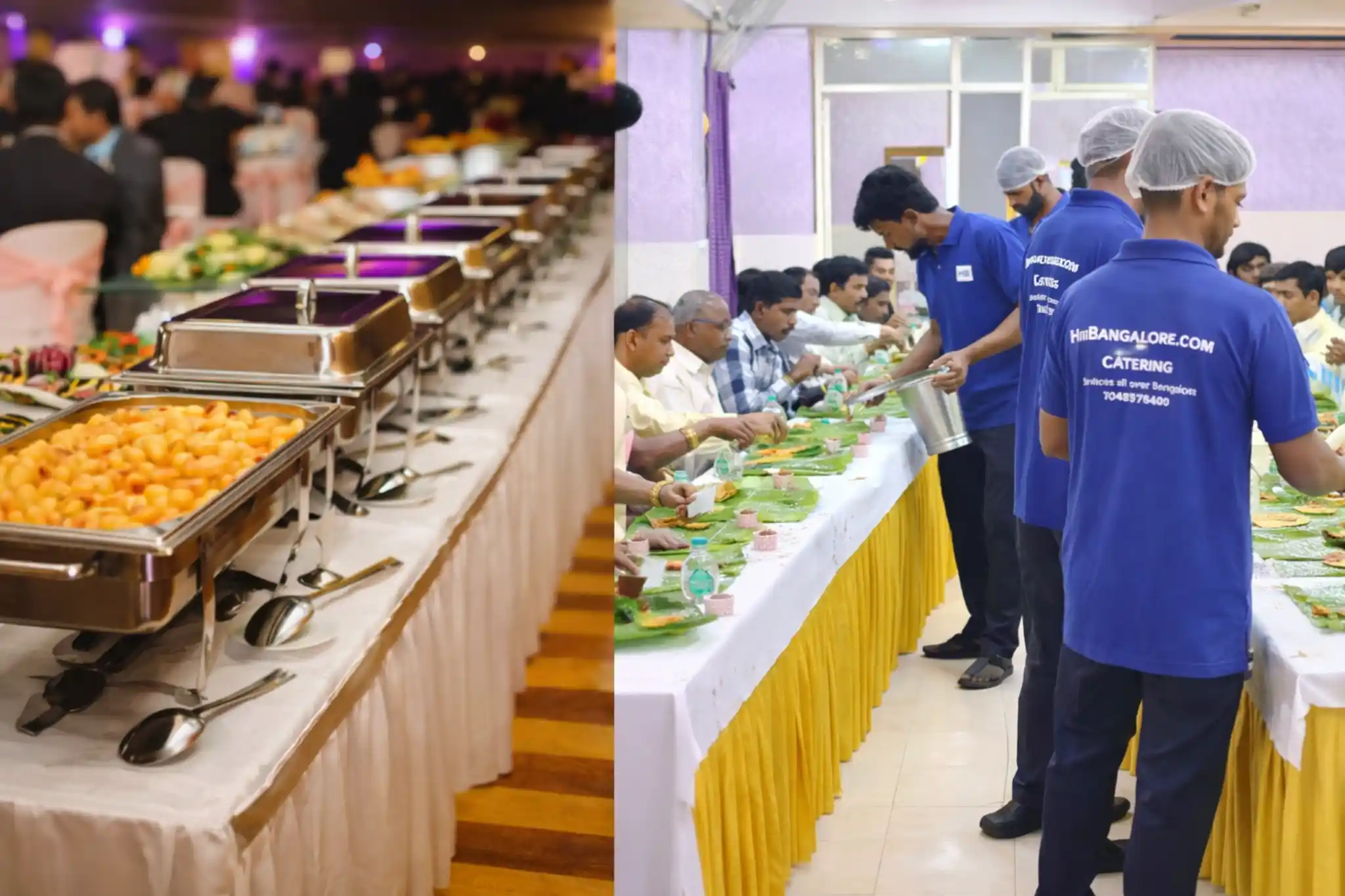 pure veg catering services in bangalore with buffet setup and traditional banana leaf service