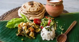 No onion no garlic satvik vegetarian catering food served on banana leaf