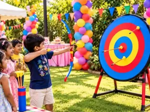 Kids archery game with colorful target at a birthday party in Bangalore