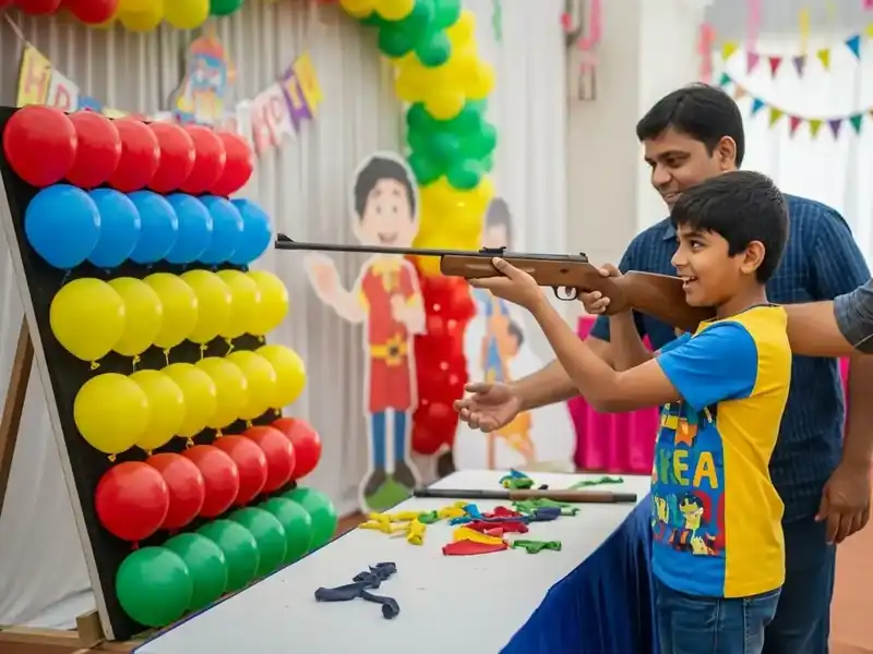 Child playing balloon shooting game at a naming ceremony in Bangalore