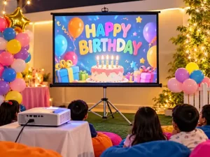 Projector and screen setup for a kids birthday party in Bangalore
