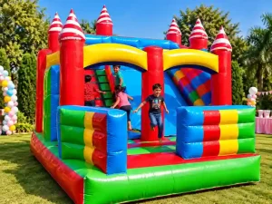 Colorful bouncy castle with children at a birthday party in Bangalore