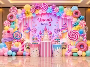 Candy Land theme birthday decoration in Bangalore with colorful balloons, lollipops, donuts, cupcakes and candy-themed backdrop