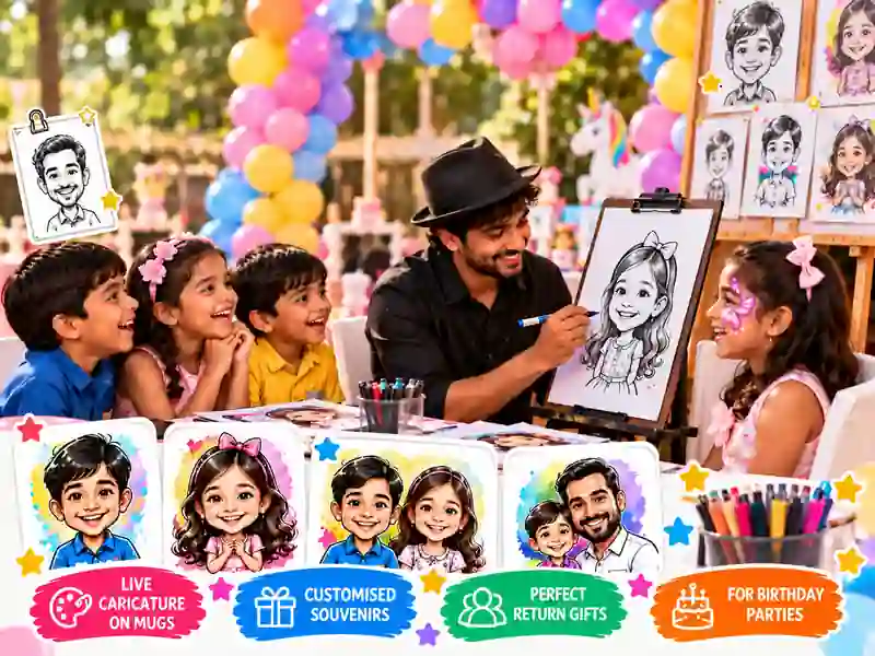 Caricature artist creating fun portraits for children at a naming ceremony