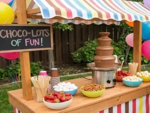 Chocolate fountain with strawberries and marshmallows at a kids birthday party in Bangalore