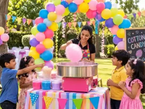 Cotton candy stall with children at a birthday party in Bangalore