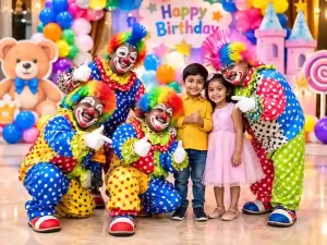 Colorful dwarf clowns entertaining children at a birthday party in Bangalore