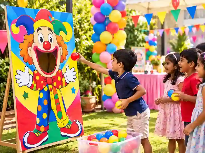 Children playing feed the clown game at a naming ceremony in Bangalore