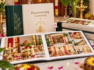 Housewarming ceremony photo album with traditional pooja and decoration photos in Bangalore