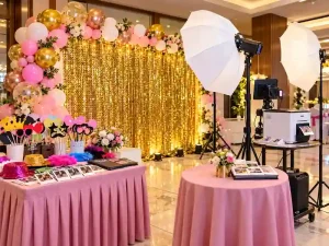 Instant photography setup with photo booth, props, printer and lighting for a birthday party in Bangalore
