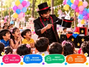 Magic show artist entertaining children at a kids birthday party in Bangalore