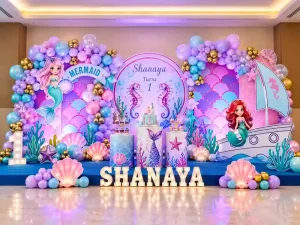 Mermaid theme birthday decoration in Bangalore with pastel balloons, mermaid backdrop, seashells and ocean-themed decor