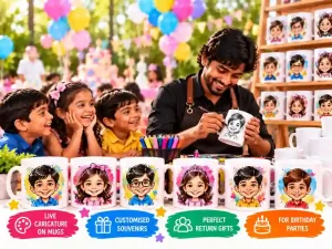 Artist creating personalized caricatures on mugs for guests at a naming ceremony