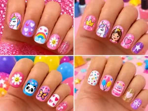 Colorful kids nail art designs with unicorns, rainbows, flowers, butterflies and birthday themes in Bangalore