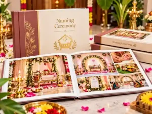 Naming ceremony photo album with traditional cradle decoration