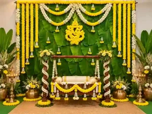 Traditional banana leaf backdrop decoration for a naming ceremony in Bangalore