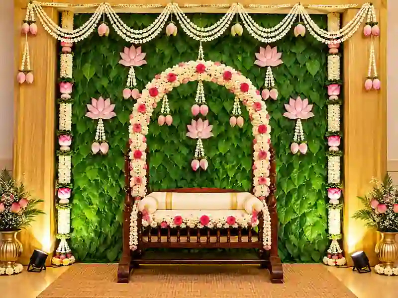 Traditional betel leaf backdrop with floral cradle decoration for naming ceremony in Bangalore