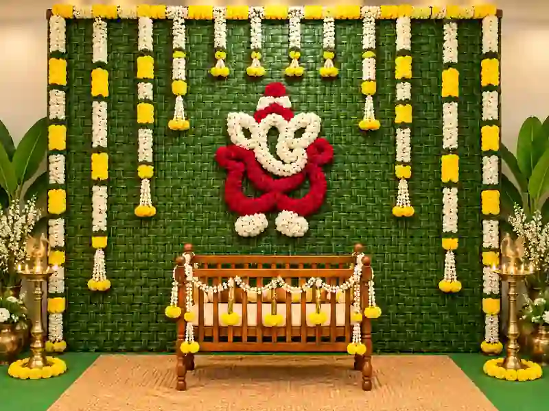 Traditional coconut leaf backdrop with floral decorations and baby cradle for naming ceremony in Bangalore