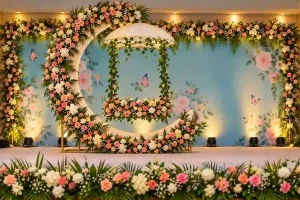 Beautiful naming ceremony decoration with floral backdrop in Bangalore