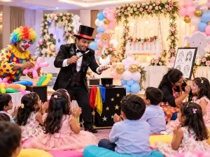 Naming ceremony entertainment with magician, clown and face painting in Bangalore
