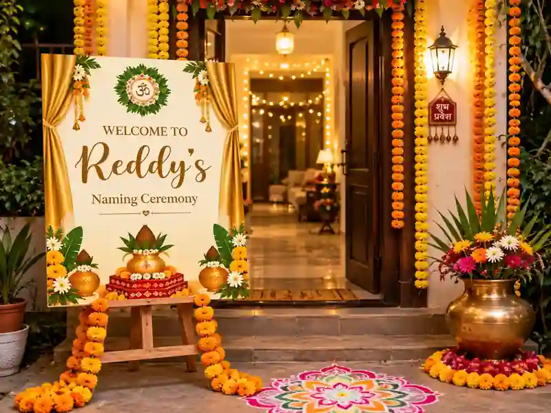 Traditional naming ceremony welcome board with marigold flower decoration