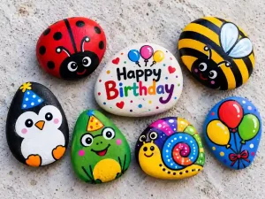 Colorful pebble painting activity for kids at a birthday party in Bangalore