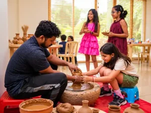 Kids enjoying pottery making activity at a naming ceremony in Bangalore