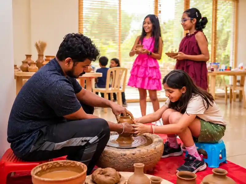 Kids enjoying pottery making activity at a naming ceremony in Bangalore