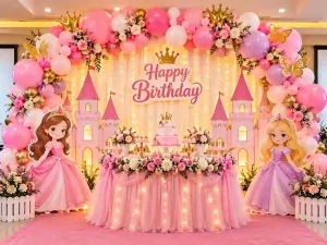 Princess themed kids birthday decoration with pink balloon arch, castle backdrop and cake table in Bangalore