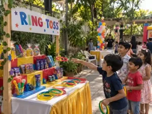 Ring toss game stall with children at a birthday party in Bangalore