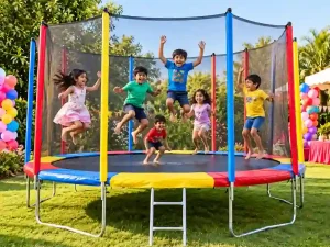 Colorful trampoline with safety net for kids at a birthday party in Bangalore