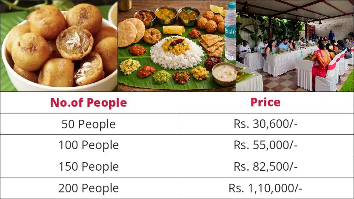 Large Tamil Nadu style vegetarian catering menu with traditional dishes and pricing in Bangalore