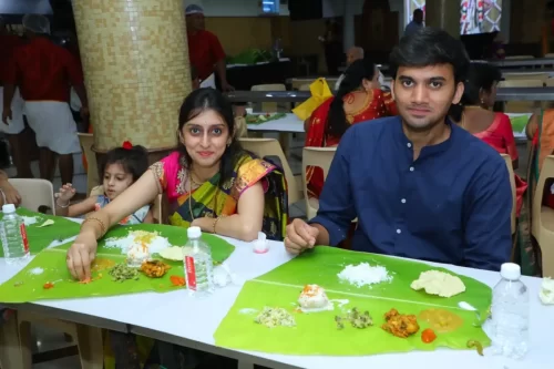 Well-organized banana leaf dining setup for Andhra catering in Bangalore