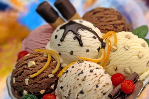 assorted ice cream scoops served at an Andhra style catering event in Bangalore