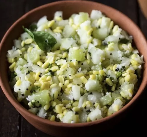 Traditional kosambari salad with moong dal and cucumber