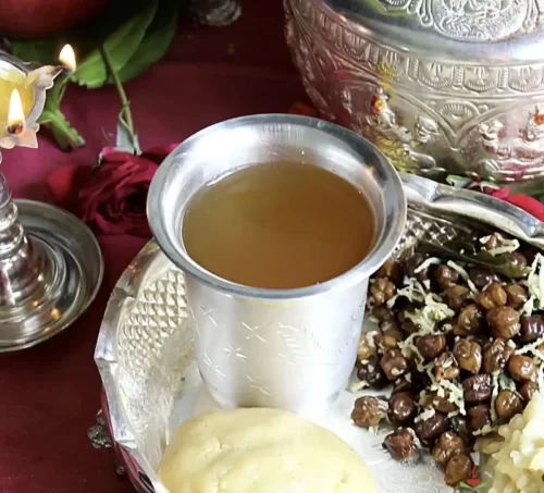 Traditional Andhra panakam served in silver tumbler for catering in Bangalore