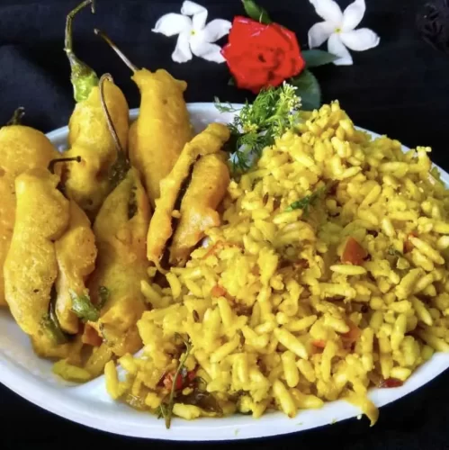 Popular Andhra uggani with mirchi bajji served hot by professional catering service in Bangalore