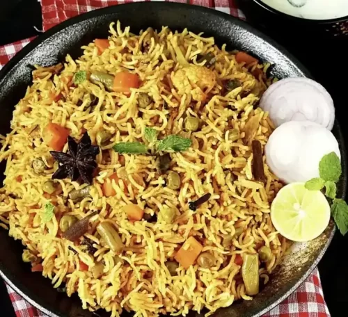 Andhra style vegetable biryani prepared for catering events