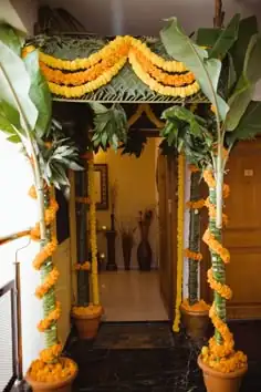 Traditional house warming flower decoration for apartment flats in Bangalore.