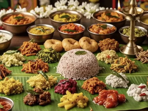 Traditional banana leaf vegetarian meal served with rice, sambar, curries, chutneys, vada and banana