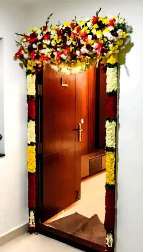 Best gruhapravesham flower entrance decoration for flat in Bangalore.