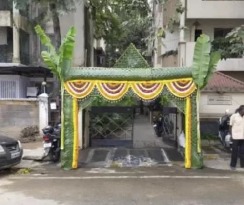Traditional chappara flower decoration for housewarming ceremony in Bangalore