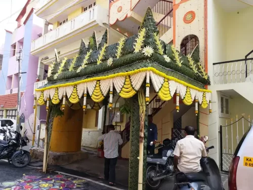 Traditional chappara pooja decoration with flowers and banana leaves for house warming