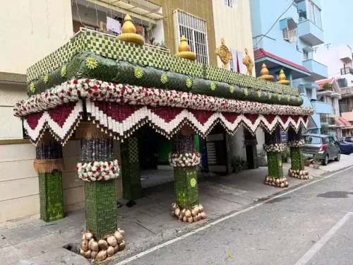 Temple style chappara flower decoration with traditional floral patterns for housewarming
