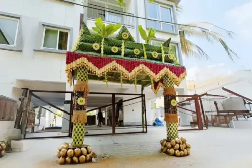 Traditional chappara flower decoration with banana leaves for gruhapravesha