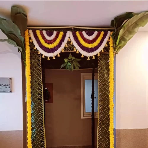 Colorful chappara flower decoration for house warming ceremony entrance