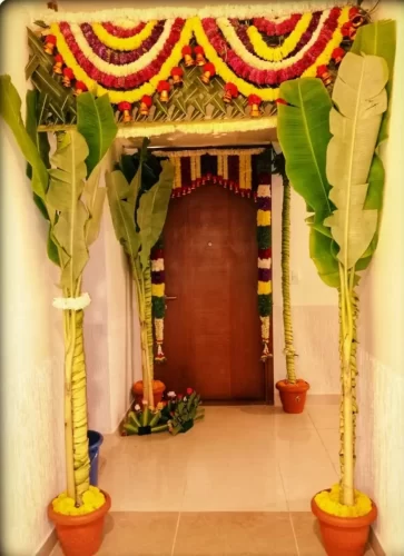 Elegant chappara flower decoration for apartment flat warming ceremony in Bangalore.